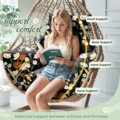 Waterproof Egg Chair Cushion Replacement 47x31.5x4.7 inch Thicken Hanging Egg Swing Chair Cushion Indoor Outdoor Wicker Rattan Hammock Basket Cushion with Headrest Pillow, Black Peony