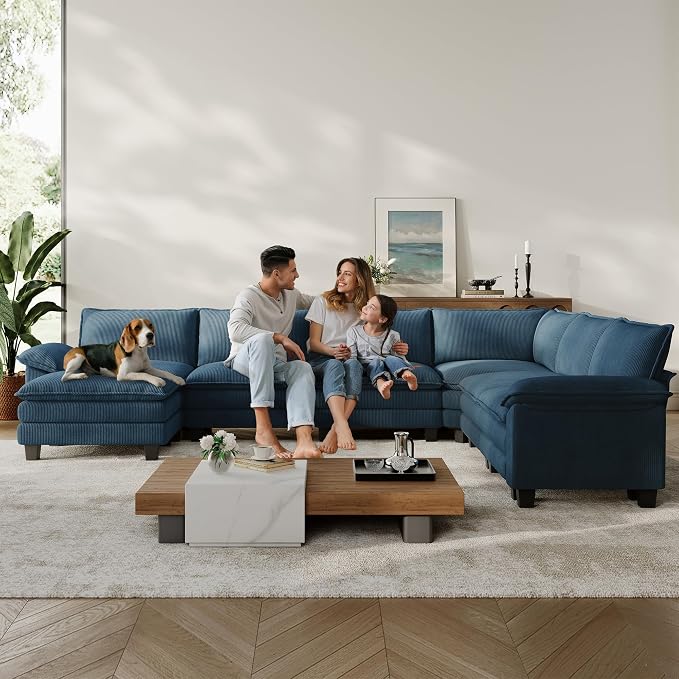 LINSY HOME Modular Sectional Sofa 6 Seat Couch Corduroy Cloud Couch with Deep Seat, Modern C-Shaped Cloud Couch for Living Room, Office, Bedroom, Blue