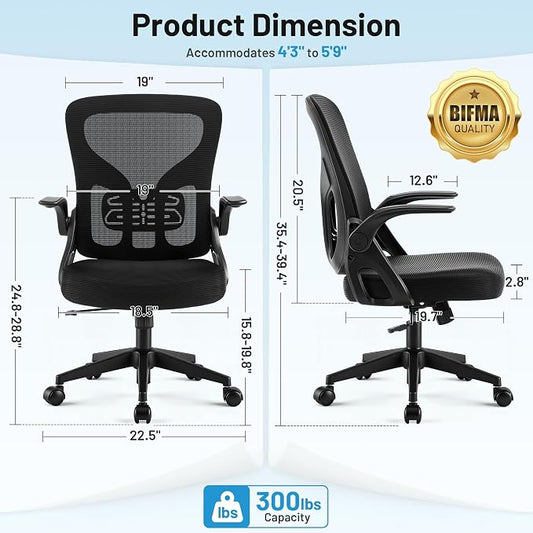 Office Chair Ergonomic Desk Chair with Adjustable Lumbar Support, High Back Breathable Mesh Chair with 120° Tilt Function & Flip-Up Armrests, Swivel Comfy Task Computer Chair for Work, Study