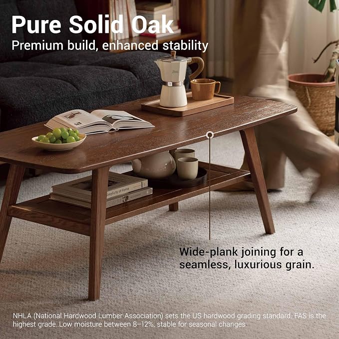 100% Solid Wood Coffee Table for Living Room, Mid Century Modern Small Tables with Shelf Storage, Storage Coffee Table with Rounded Corners (Oak Wood Walnut Color, 47.24" L)