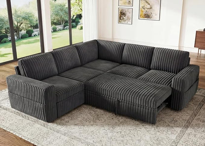 HONBAY Modular Sectional Sleeper Sofa with Pull Out Bed,Corduroy L Shaped Couch with Storage, Sectional Couches for Living Room,Dark Grey