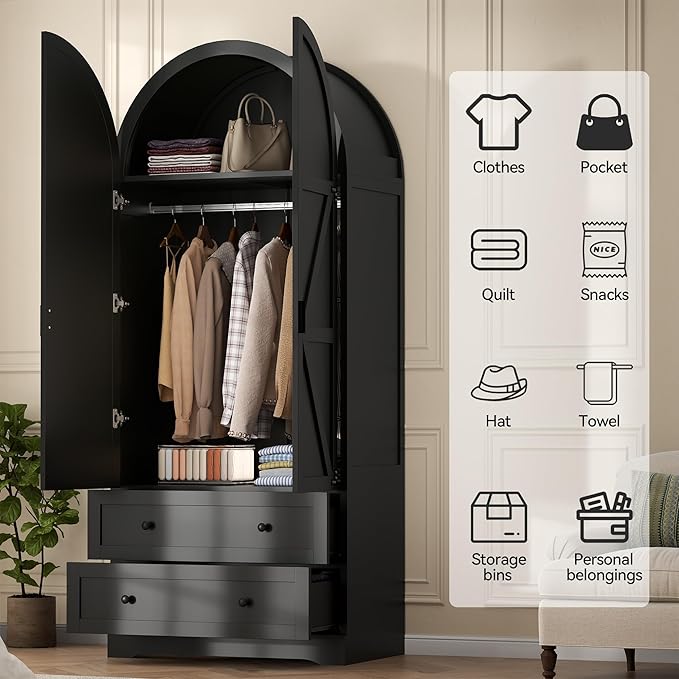 Black Armoire Wardrobe Closet,Wooden Wardrobe with 2 Doors and 2 Drawers,Bedroom Freestanding Armoire Storage Cabinet with Hanging Rack,Wardrobe Storage with with Hanging Rod for Bedroom, Cloak Room