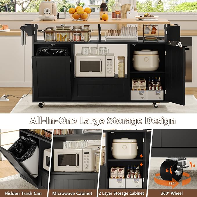 Einhomn 65" Kitchen Island with Power Outlet & Drop Leaf, Island Table for Kitchen with Trash Can Storage, Mobile Rolling Kitchen Islands on Wheels with Spice Rack, Towel Rack & 4 Side Hooks, Black