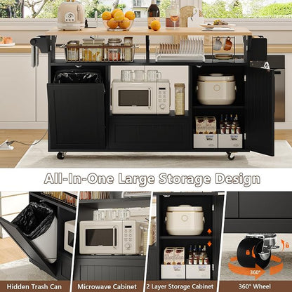 Einhomn 65" Kitchen Island with Power Outlet & Drop Leaf, Island Table for Kitchen with Trash Can Storage, Mobile Rolling Kitchen Islands on Wheels with Spice Rack, Towel Rack & 4 Side Hooks, Black