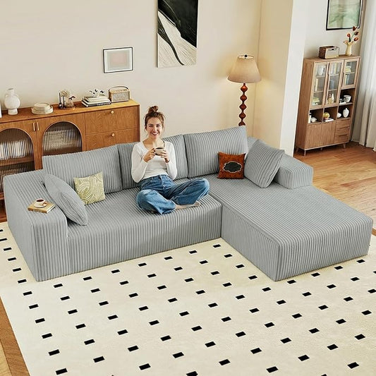 95" Cloud Sectional Couch with L-Shape Chaise, Modular Comfy Sofa Chaise Longue, Upholstered Corduroy Couches Sleeper with Deep Seat for Living Room, No Assembly Required(Light Grey, Right Facing)