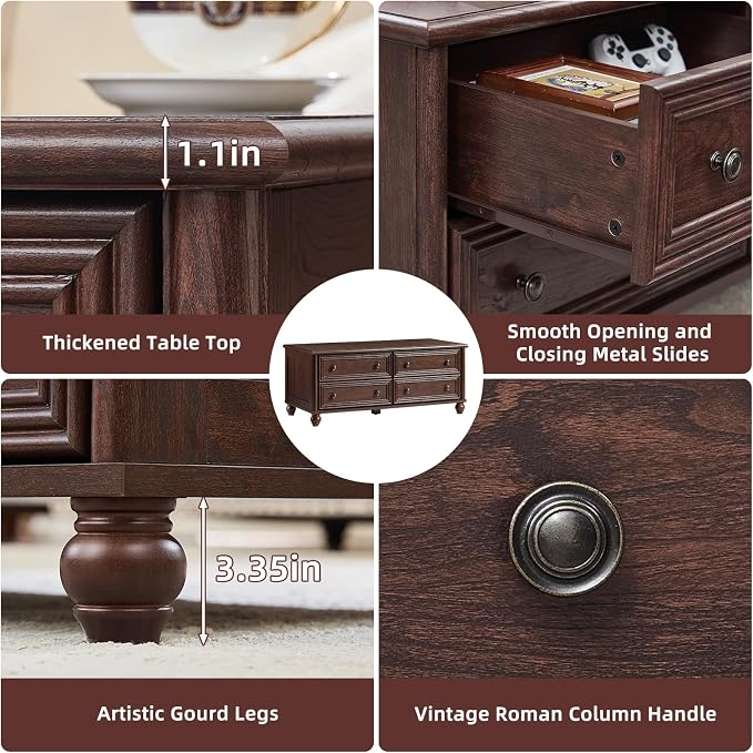 RWYHG 48" Farmhouse Coffee Table with Hidden Storage,Wooden Coffee Tables with 4 Drawers & Roman Column Handle,Rectangular Rustic Center Table with Solid Wood Curved Base for Living Room,Office,Walnut