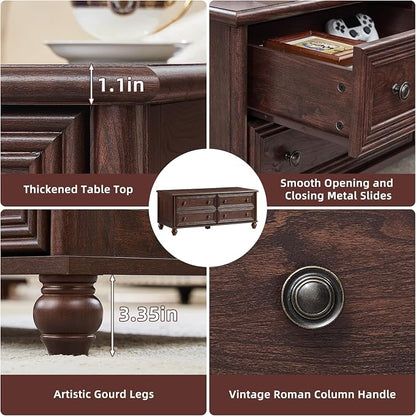 RWYHG 48" Farmhouse Coffee Table with Hidden Storage,Wooden Coffee Tables with 4 Drawers & Roman Column Handle,Rectangular Rustic Center Table with Solid Wood Curved Base for Living Room,Office,Walnut