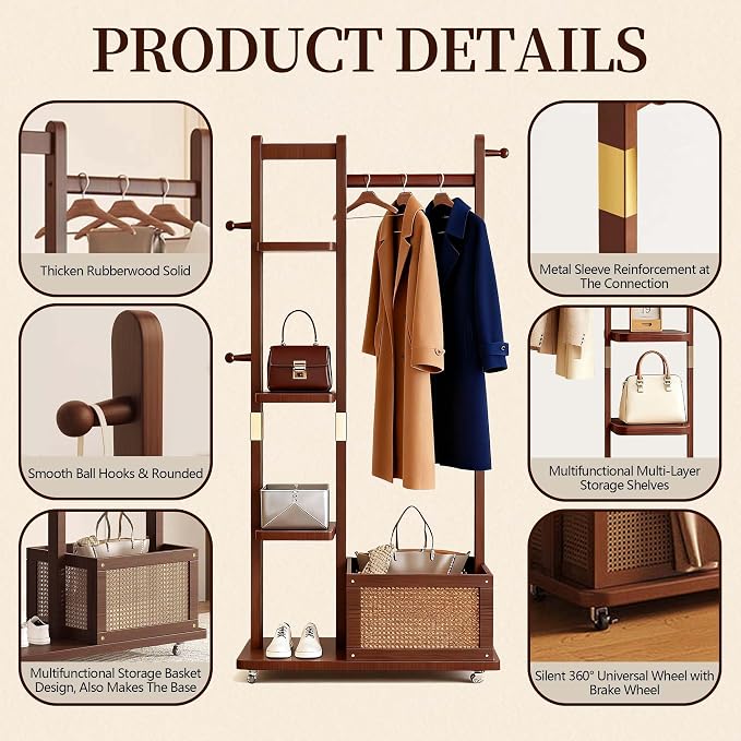 Wood Clothes Rack with Storage, 4 Shelves, 4 Hooks, Garment Rack with wheels, Coat Rack Freestanding, Clothing Rack Heavy Duty Hall Tree for Living Room Hallway, Office (3in1-856)