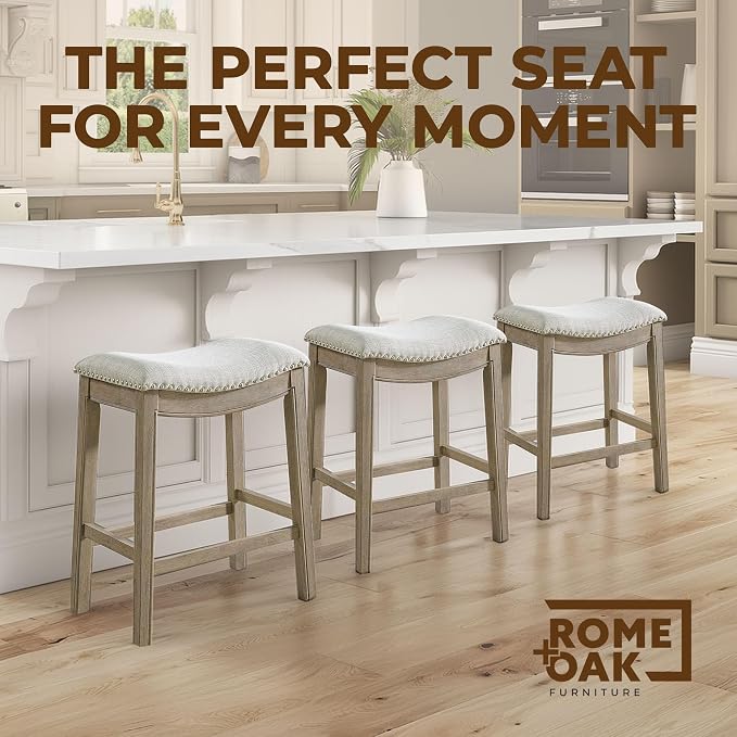 ROME + OAK Parker 26 Inch Counter Stool, Backless Saddle Kitchen Barstool in Reclaimed Oak Finish with Ash Grey Fabric Upholstery Cushion Seat