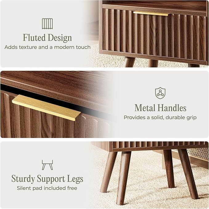 Huuger Nightstand with Charging Station, USB-C Port, Fluted Night Stand with Drawer, Bed Side Table with Solid Wood Feet, Open Storage, End Table with Raised Edge, for Bedroom, Walnut