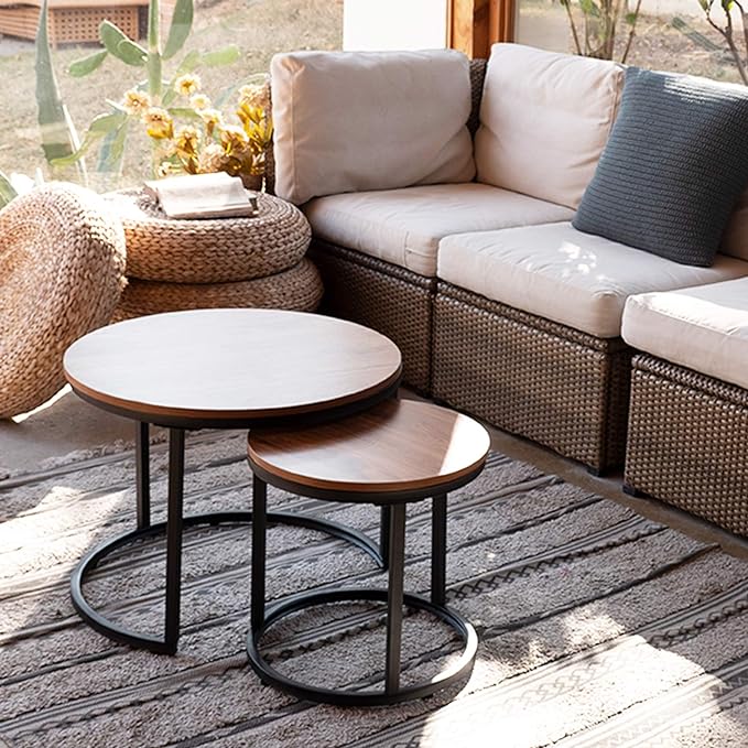 aboxoo Coffee Table Nesting Side Round Set of 2 End Table Top Sturdy Metal Frame Desk Centerpiece Living Room Bedroom Apartment Modern Industrial Simple Nightstand