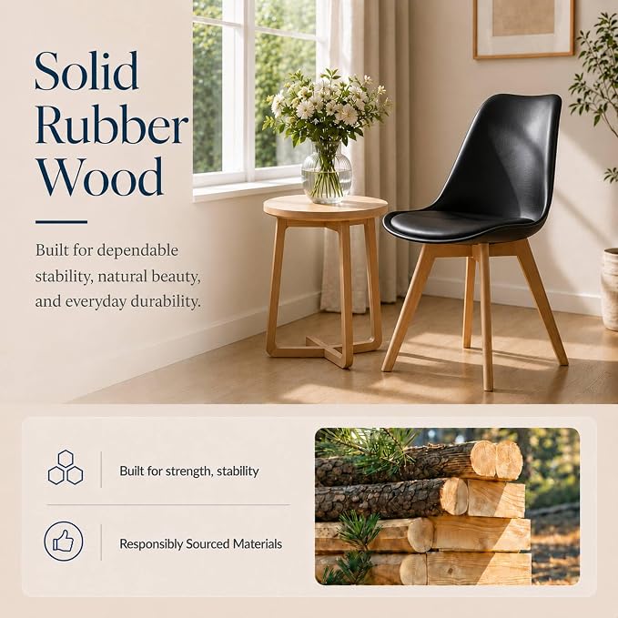 Dining Chairs Set of 4, Modern Upholstered Dining Room Chairs with PU Leather Padded Seat, Armless Kitchen Chairs with Curved Backrest and Solid Wood Legs for Dining Room, Kitchen, Apartment, Black
