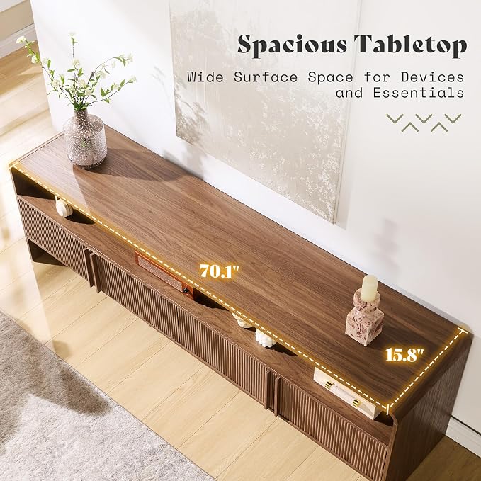 AMERLIFE 70" Fluted Wood TV Stand for TVs up to 80", Media Console Entertainment Center with Storage Cabinets for Living Room, Brown