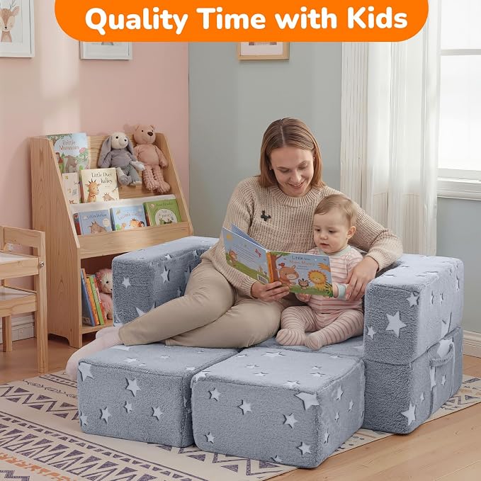 MeMoreCool Modular Kids Play Couch Sofa – Glow-in-the-Dark Star Design, Fold-Out Toddler Couch for Playroom Furniture, Grey