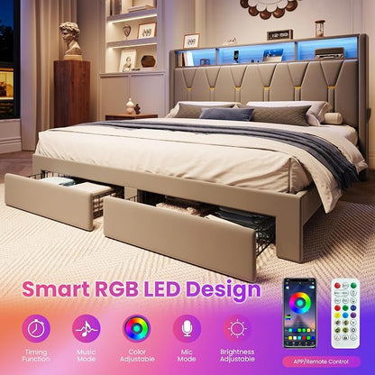 SHA CERLIN Velvet King Platform Bed Frame with 2 Storage Drawers, LED Storage Headboard with Charging Station, Wingback Upholstered, Noise Free, No Box Spring Needed, Easy Assembly, Grey