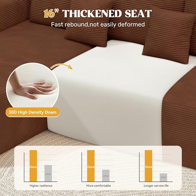 112" Modern Curved Cloud Couch, Corduroy Boneless Couches for Living Room with Deep Seat, Memory Foam Compressed Modular Sectional Sofa, No Assembly Required,Brown 1 PCS