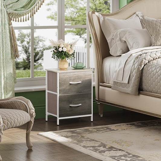 WLIVE Nightstand, 2 Drawer Dresser for Bedroom, Small Dresser with 2 Drawers, Bedside Furniture, Night Stand, End Table with Fabric Bins for Bedroom, Closet, College Dorm, Greige Oak