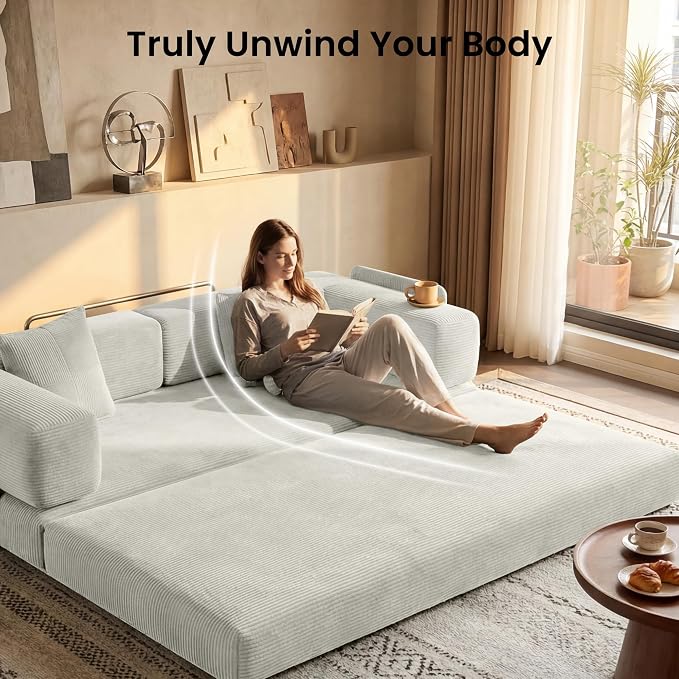 78.8" Convertible Sofa Bed,Corduroy Futon Couch with Storage Pocket,Folding Pull Out Futon Sofa,No Assembly Boneless Couch for Living Room, White