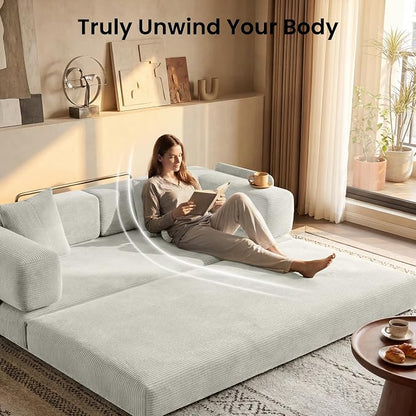 78.8" Convertible Sofa Bed,Corduroy Futon Couch with Storage Pocket,Folding Pull Out Futon Sofa,No Assembly Boneless Couch for Living Room, White