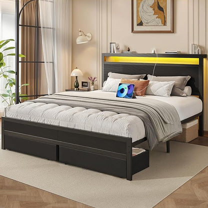 Fluest Queen Bed Frame,Queen Bed Frame with Storage Headboard & 2 Storage Drawer, Charging Station & LED Light, No Box Spring Needed, Noise Free, Easy Assembly, Classic Black