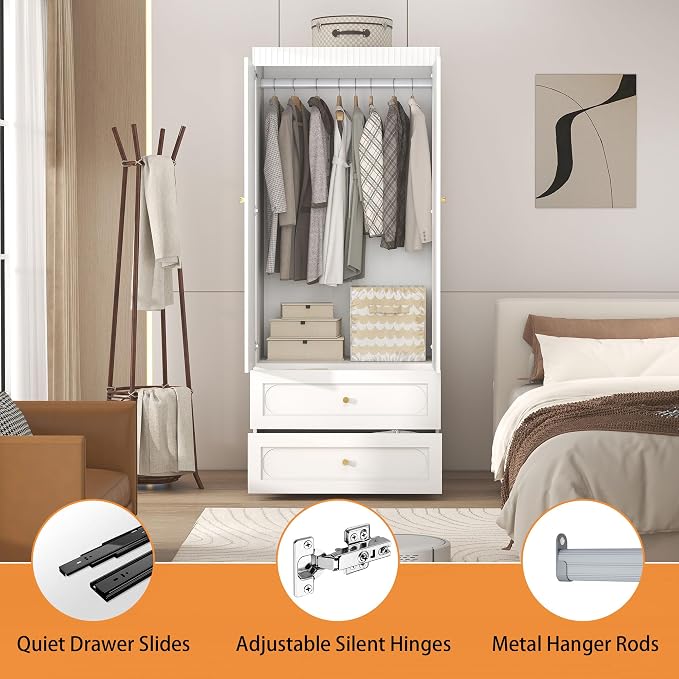 Wooden Wardrobe Closet with Doors: 75" Tall White Armoire Wardrobe Closet with 2 Drawers and 2 Doors, Modern Clothes Cabinets for Bedroom Armoires with Hanging Rod (2-Drawers, 31.5")