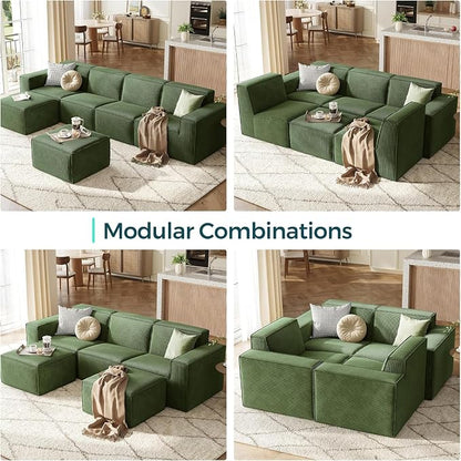 LINSY HOME Modular Sectional Sofa, 105" Boneless Couch U Shaped 3-Seat Sofa with 2 Ottomans, Corduroy Sectional Cloud Couches for Living Room, No Assembly Required(Green)