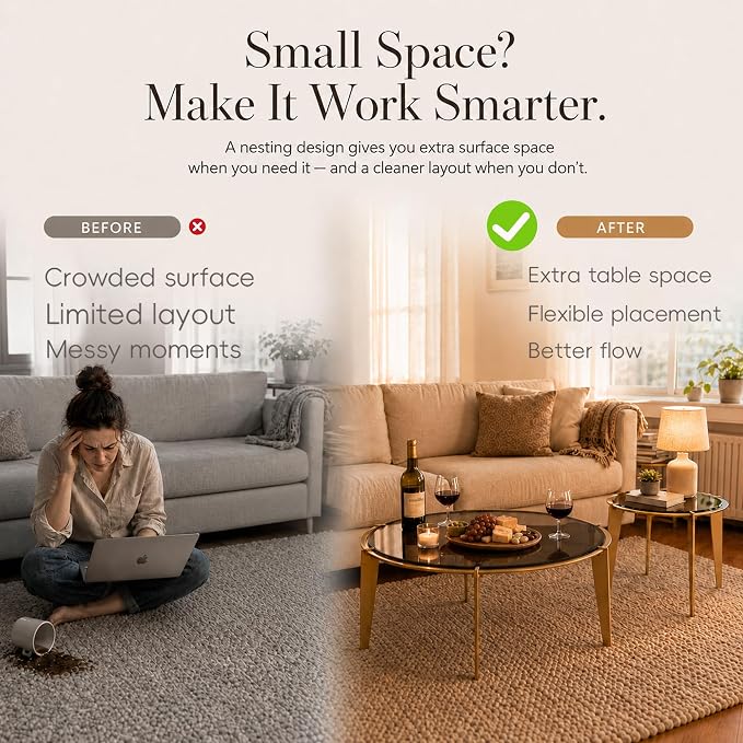 Nesting Coffee Table Set of 2, Organic Round Smoked Glass Tables with 8mm Tempered Glass, Champagne Gold Steel Frame, Sculptural Modern Accent Tables for Living Room, Apartment