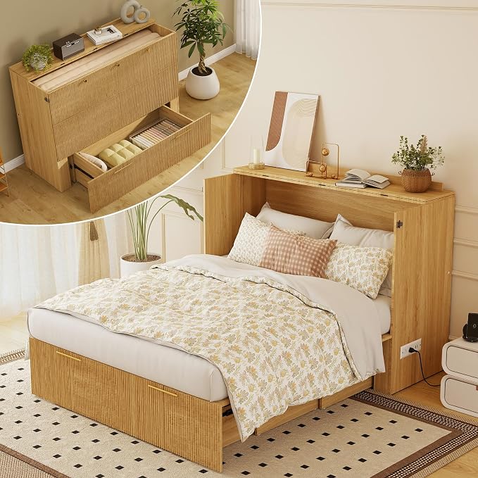 Full Size Murphy Bed Cabinet: Oak Murphy Bed with Charging Station, Wood Cabinet Bed with Large Drawers for Guest Room, Living Room and Office