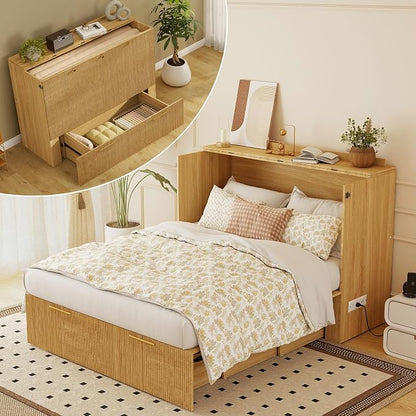 Full Size Murphy Bed Cabinet: Oak Murphy Bed with Charging Station, Wood Cabinet Bed with Large Drawers for Guest Room, Living Room and Office