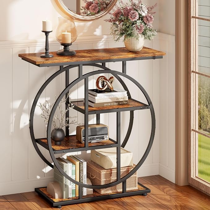 Small Entryway Console Table, 31.5" Narrow Sofa Table Behind Couch with Modern Curved Metal Frame, Skinny Wood Entry Table for Hallway, Entrance, Living Room, Wall, Foyer, Front Door, Rustic Brown
