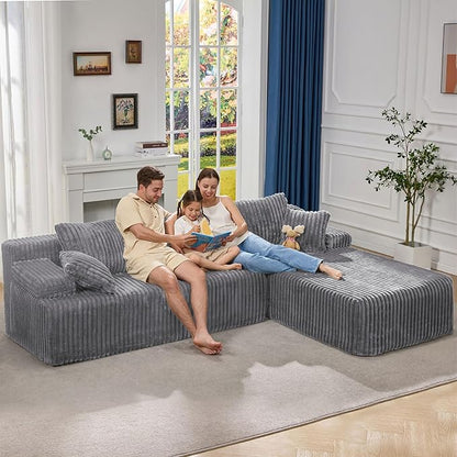 Hobestluk Boneless Couch Modular Sectional Sofa L-Shape Oversized Chaise | 108" Right Facing Chaise Pale Gray,Memory Foam,Removable Cover,Non-slip Bottom,No Assemble Required,Living Room Furniture
