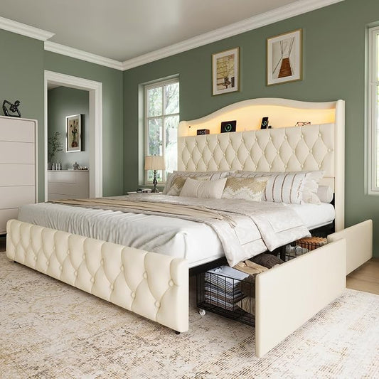 King Size Bed Frame and Headboard & 4 Storage Drawers, Upholstered Platform Bed Frame with RGB LED Lights & Charging Station, No Box Spring Needed, Easy Assembly, Noise-Free, Beige
