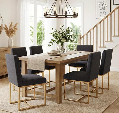 VESCASA Linen Upholstered Dining Chairs Set of 6, Mid Century Modern Padded Chair with Gold Metal Frame for Restaurant, Dining Room, Kitchen, Charcoal