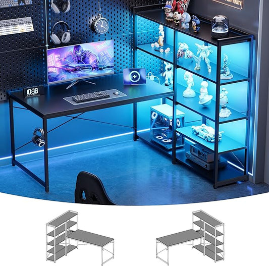 Pamray 49 Inch L Shaped Gaming Computer Desk with Shelves and Storage | Compact Reversible Design with LED Lights & Power Outlets, Suitable for Home Office Bedroom Small Spaces and Dorm Study Work