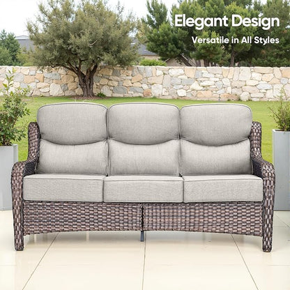 Luxury Patio Sofa 3-Seat Wicker Couch with 6" Thick Cushion - Outdoor Furniture Rattan Sofa with Deep Seating High Back Outdoor Sofa for Patio Garden Balcony Sunroom Backyard, Brown | Beige