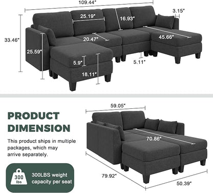 Modular Sectional Sofa, 6 Seaters Modular Sleeper Sofa Couch, Comfy Sectionals Couches Bed, Convertible Sofas with Ottomans, Sectional Couches for Living Room, Dark Grey