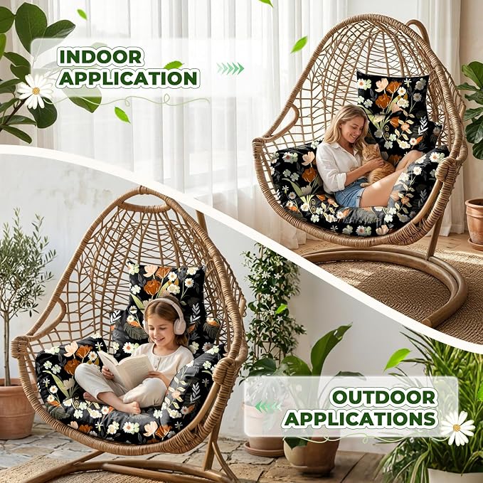 Waterproof Egg Chair Cushion Replacement 47x31.5x4.7 inch Thicken Hanging Egg Swing Chair Cushion Indoor Outdoor Wicker Rattan Hammock Basket Cushion with Headrest Pillow, Black Peony