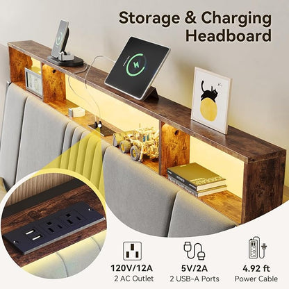 BedsPick Full Size Bed Frame with Ergonomic Headboard, Upholstered Metal Platform Bed Full with 2-Tier Storage, Charging Station, Smart LED Lights, Easy Assembly, No Box Spring Needed, Gray