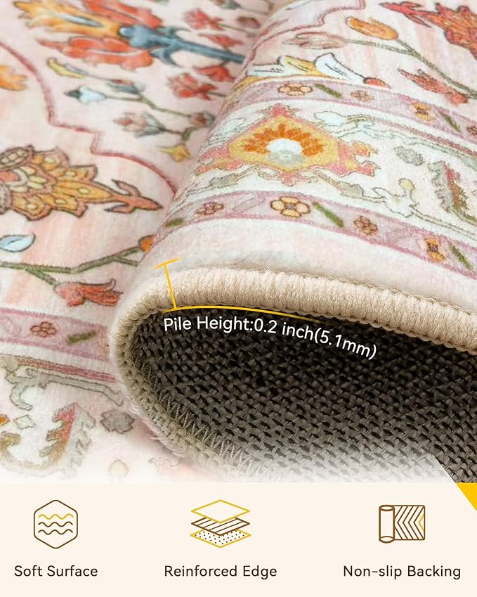 RELEANY Area Rugs Runner 2'x10' Washable Non-Slip, Floral Vintage Distress Medallion Carpet for Kitchen Hallway Bedroom Beside Laundry Room Bathroom, Light Pink Colorful