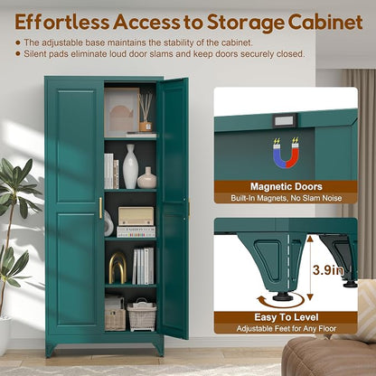 UNICOLY 75" Kitchen Pantry Cabinet, Tall Storage Cabinet with Doors and 4 Shelves, Metal Storage Cabinets for Kitchens, Living Room, Dinning Room, Assembly Required, Green