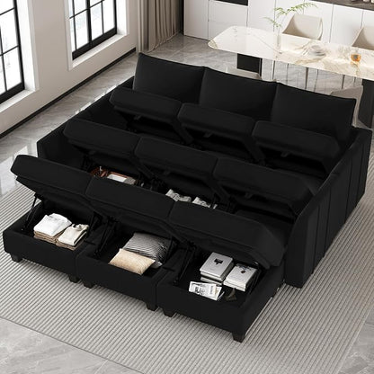 Belffin Modular Sectional Sofa Bed with Storage, 9-Seater Velvet Reversible Sleeper Couch for Living Room, Black