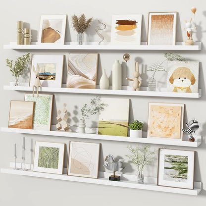 Fun Memories Picture Ledge Shelves Set of 4, 48 Inch Rustic Wall Mounted Floating Shelves with Lip for Home Storage and Décor in Bathroom, Kitchen, Nursery, Bedroom, Living Room, White