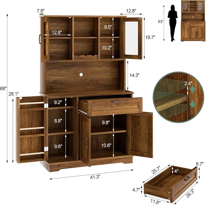 Shintenchi Kitchen Pantry Storage Cabinet, Freestanding Buffet Cabinet with Microwave Stand & 3 Door Shelves, Kitchen Hutch with Doors, Adjustable Shelves and Wine Rack, Brown