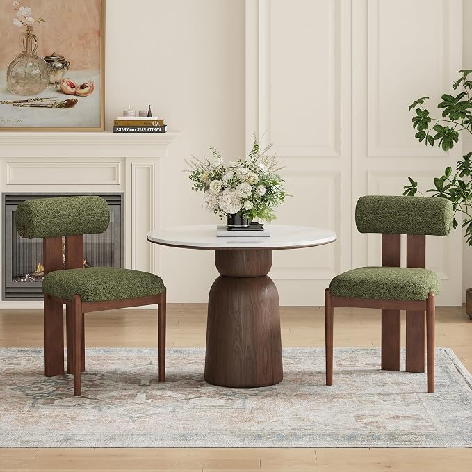 MALOL Modern Wooden Dining Chairs Set of 6, Upholstered Fabric Kitchen Chairs with Sculptural Backrest, Mid-Century Farmhouse Dining Room Chairs with Solid Wood Legs, Green