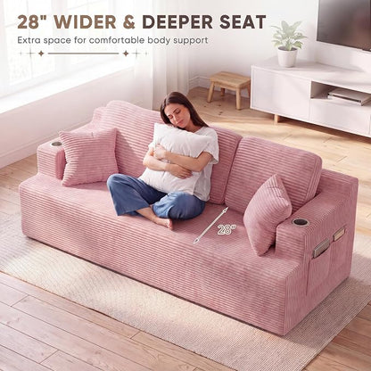 Homall 87” Boneless Sofa Couch with 2 Pillows Extra Deep Seats, Corduroy Fabric 3 Seater with Cup Holder & Storage Pocket Upholstered Floor Easy Installation (Pink, 3 Seater)