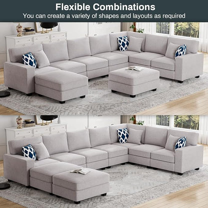 Legend Vansen Oversized Modular Sectional Sofa,U/L‑Shaped Reversible Couch with Ottoman,Deep Seat Plush Polyester Sofa for Living Room,9‑Seater,Light Grey
