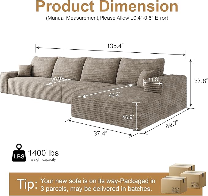 AUGOP 136" Sectional Couches for Living Room Modern Modular Sofa with L-Shape Couchs Upholstered Boneless Couch Deep Seat Sectional Couch with Chaise (Camel, Right Facing Chaise+3Seaters)