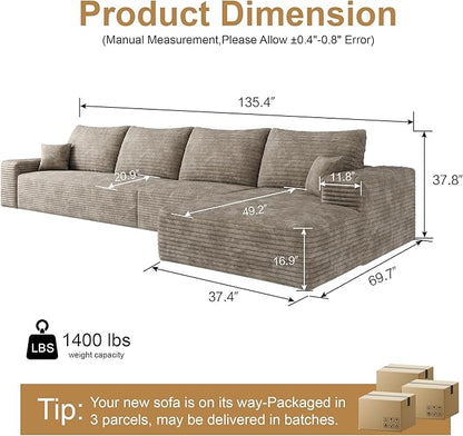AUGOP 136" Sectional Couches for Living Room Modern Modular Sofa with L-Shape Couchs Upholstered Boneless Couch Deep Seat Sectional Couch with Chaise (Camel, Right Facing Chaise+3Seaters)