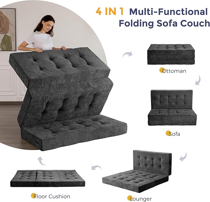 MAXYOYO 6" Folding Sofa Bed for Floor, Tufted Tri-Fold Floor Mattress with Chenille Fabric, Queen Size Portable Sofa Couch Guest Mat for Adults, Foldable Topper for Camping, Dark Grey, 59"x78.7"