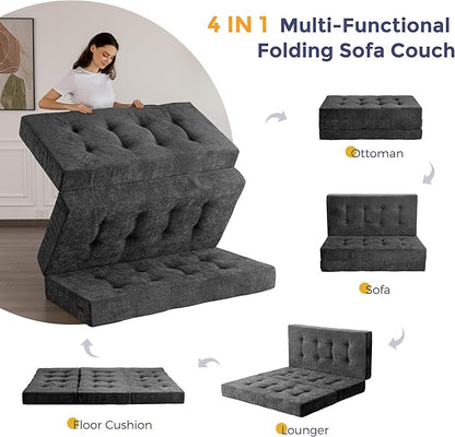 MAXYOYO 6" Folding Sofa Bed for Floor, Tufted Tri-Fold Floor Mattress with Chenille Fabric, Queen Size Portable Sofa Couch Guest Mat for Adults, Foldable Topper for Camping, Dark Grey, 59"x78.7"